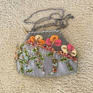 Mary Frances floral embellished beaded sage green clutch/crossbody purse.